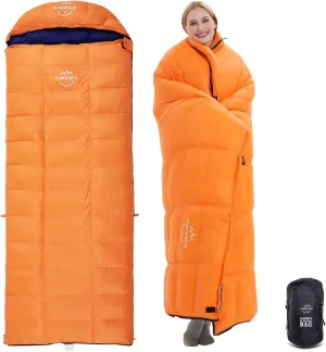 0 20 Degrees F Down Sleeping Bag for Adults,4 Season Cold Weather Rectangle Wearable Down Sleeping Bag for Camping Hiking,Can be Used as Blanket Quilt or Cloak,with Mesh Sack Buckle Strap