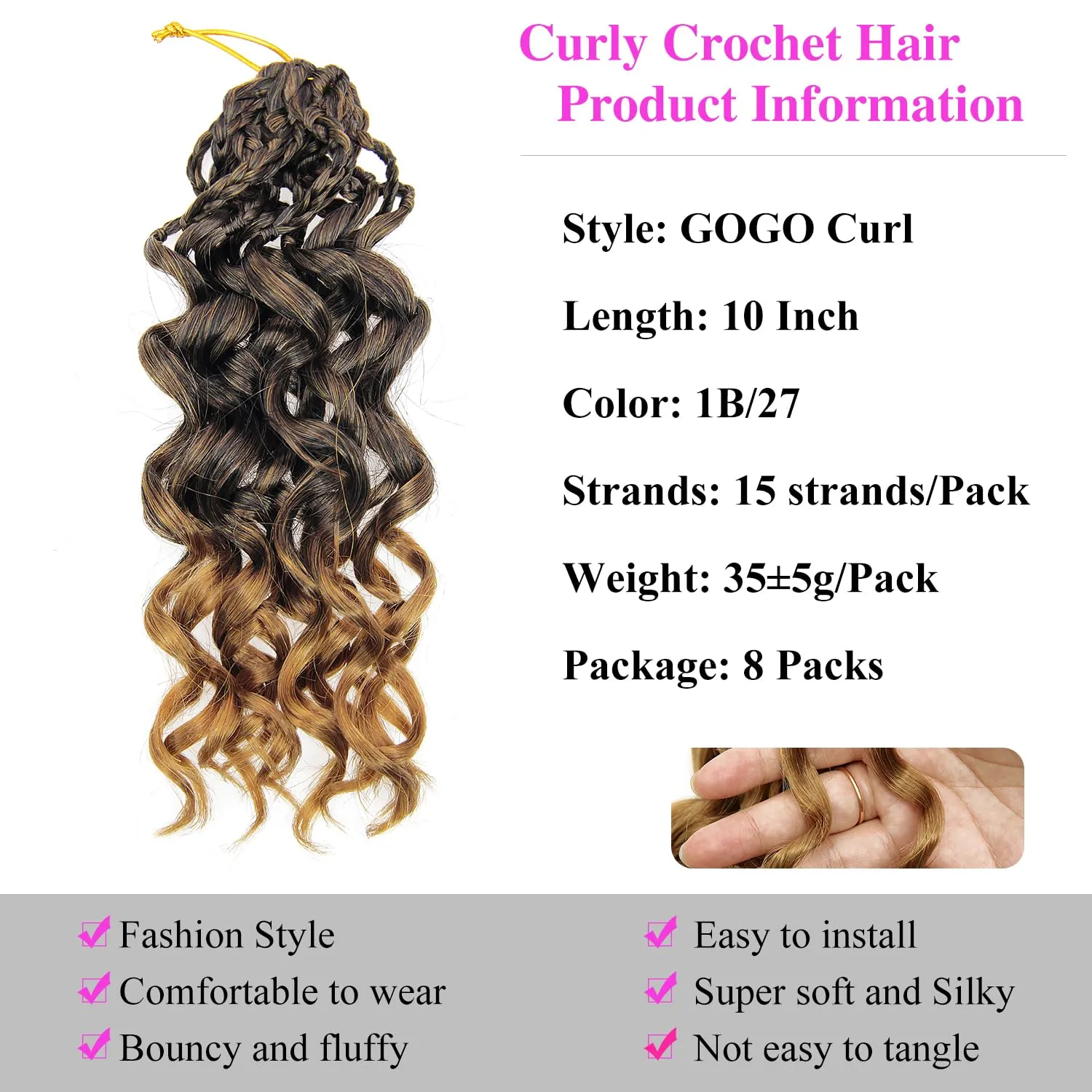 10 Inch Pre Looped Crochet Hair for Black Women - Gogo Curl/Beach Curl/Ocean/Water/Deep Wave Crochet Hair 8 Packs, Synthetic Hair Tangle-Free Natural Look Curly Hair Extensions (1B/27)