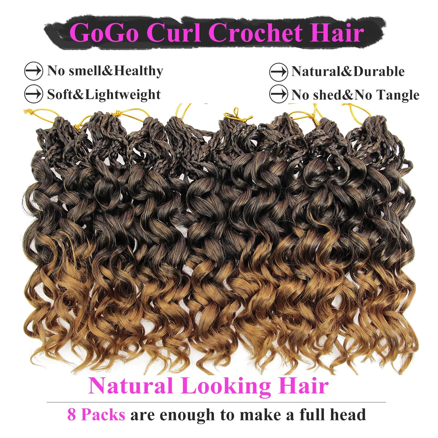10 Inch Pre Looped Crochet Hair for Black Women - Gogo Curl/Beach Curl/Ocean/Water/Deep Wave Crochet Hair 8 Packs, Synthetic Hair Tangle-Free Natural Look Curly Hair Extensions (1B/27)