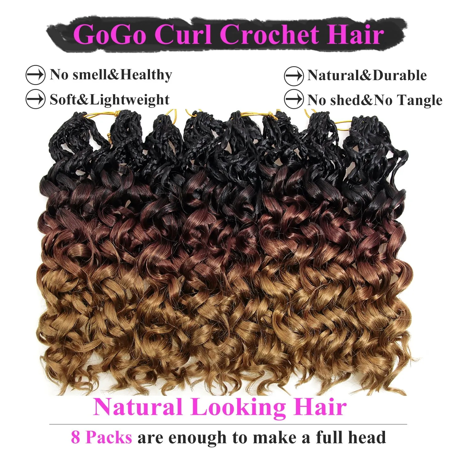 10 Inch Pre Looped Crochet Hair for Black Women - Gogo Curl/Beach Curl/Ocean/Water/Deep Wave Crochet Hair 8 Packs, Synthetic Hair Tangle-Free Natural Look Curly Hair Extensions (1B/30/27)