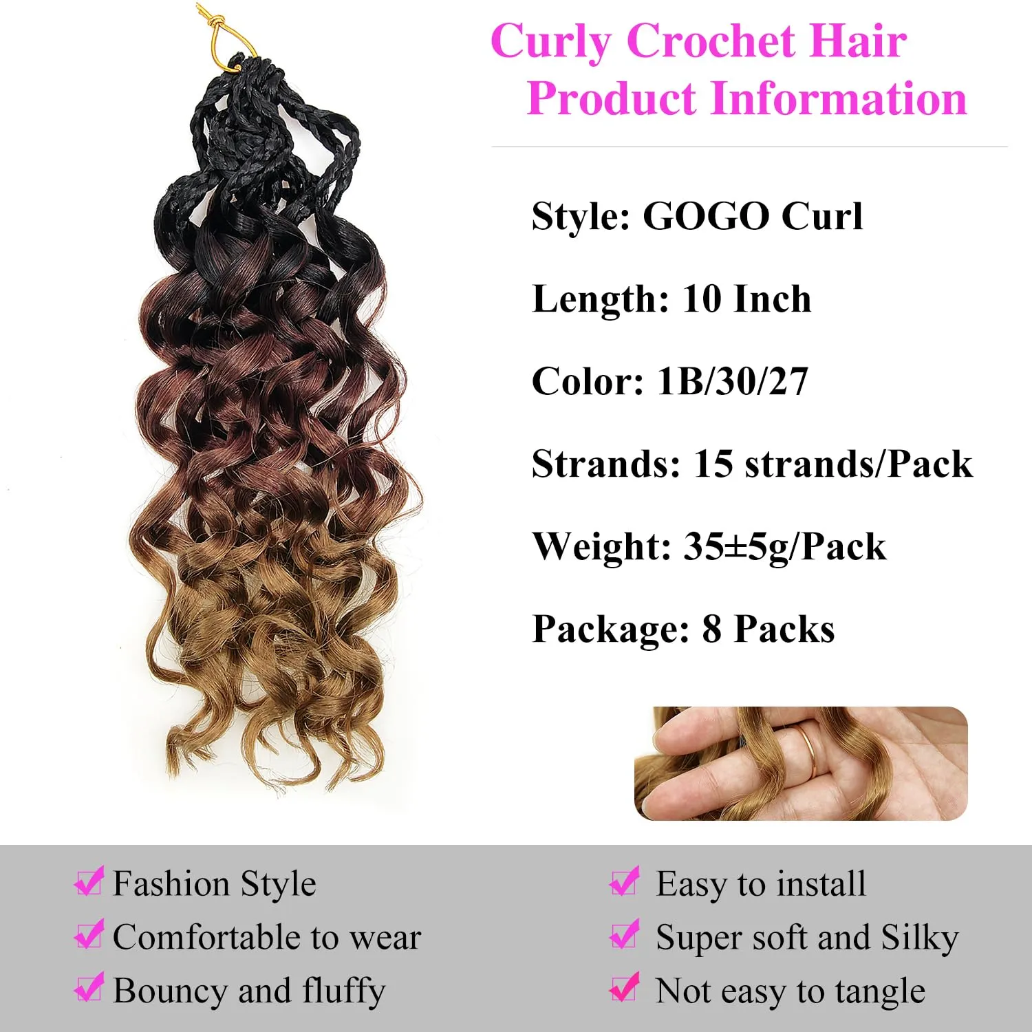 10 Inch Pre Looped Crochet Hair for Black Women - Gogo Curl/Beach Curl/Ocean/Water/Deep Wave Crochet Hair 8 Packs, Synthetic Hair Tangle-Free Natural Look Curly Hair Extensions (1B/30/27)