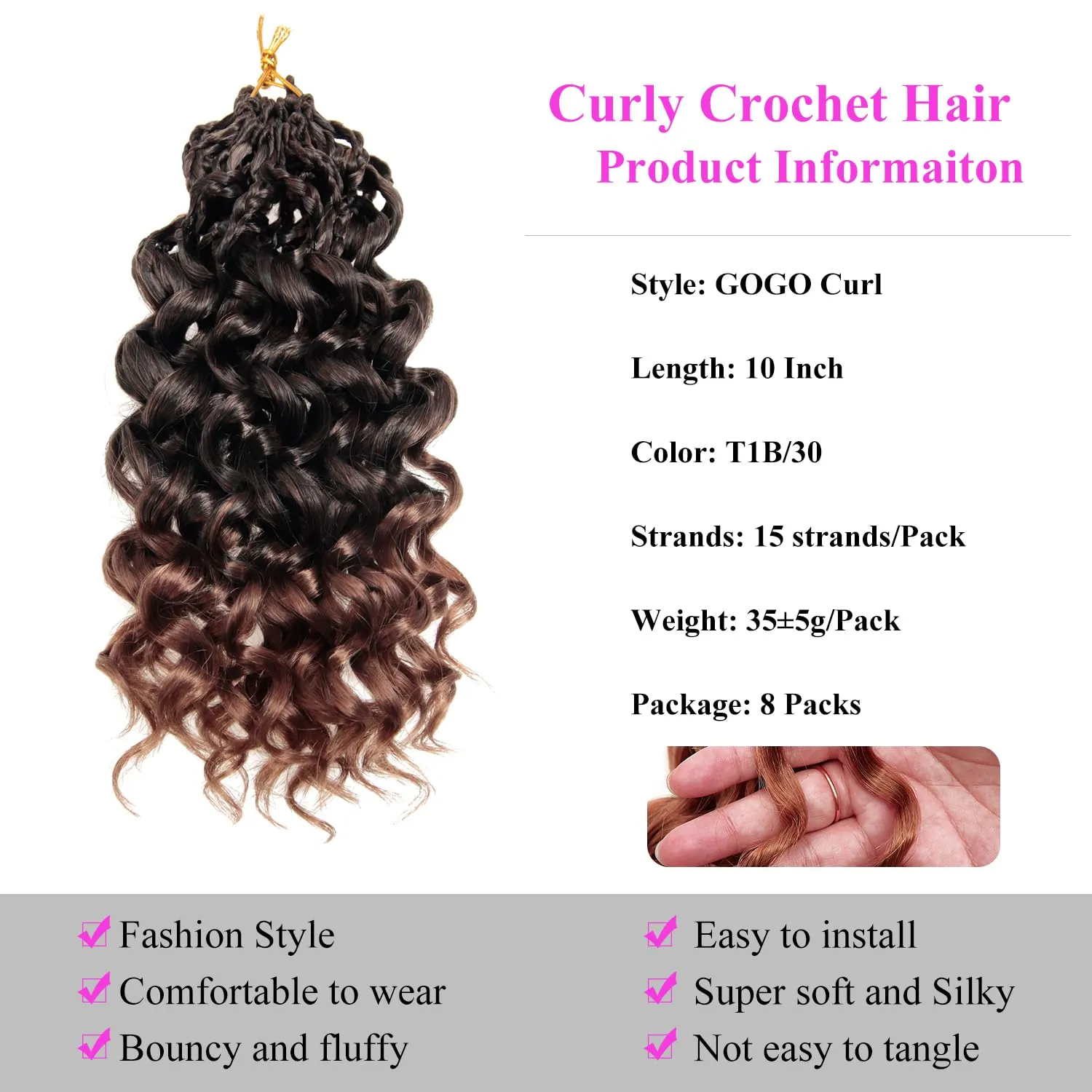 10 Inch Pre Looped Crochet Hair for Black Women - Gogo Curl/Beach Curl/Ocean/Water/Deep Wave Crochet Hair 8 Packs, Synthetic Hair Tangle-Free Natural Look Curly Hair Extensions (1B/30)