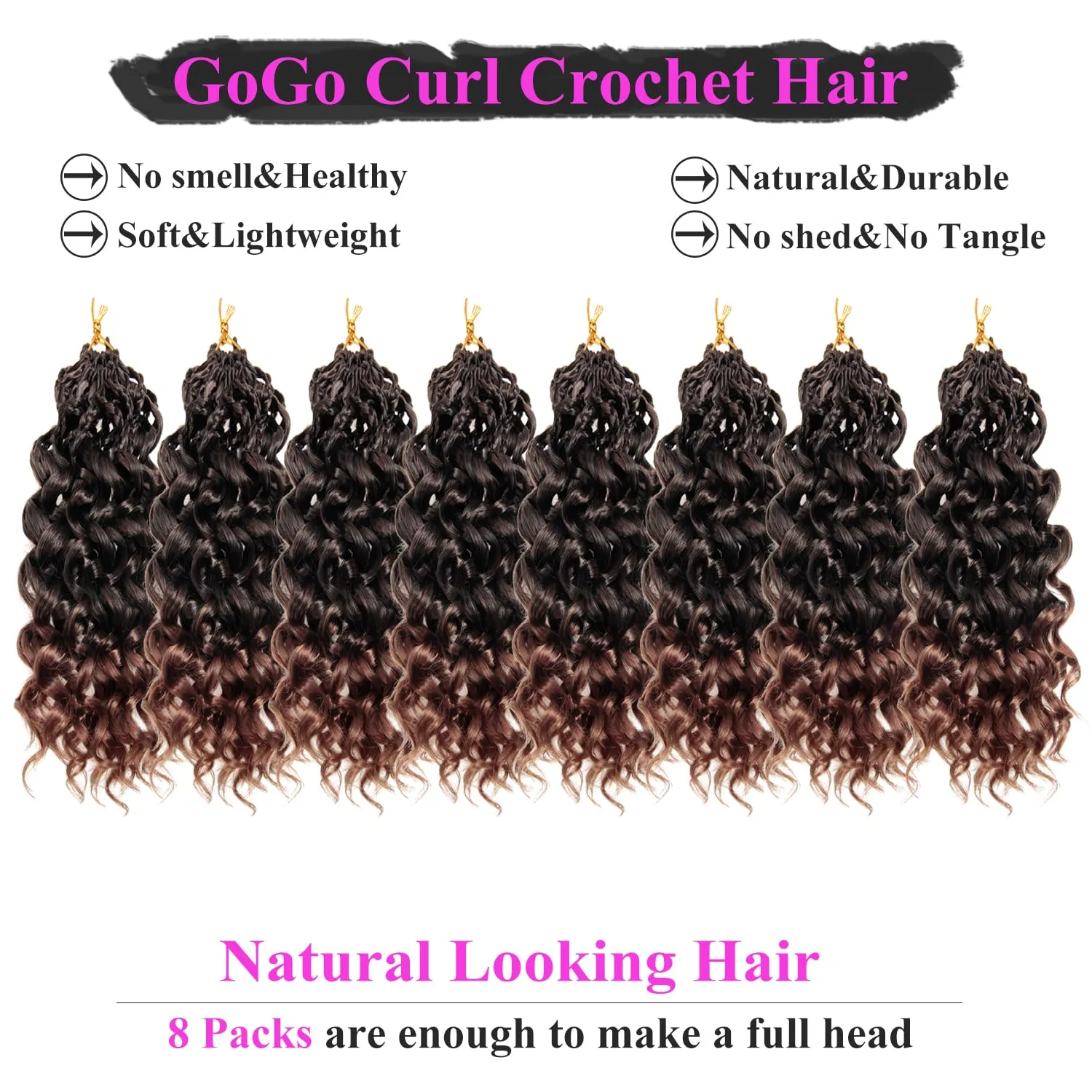 10 Inch Pre Looped Crochet Hair for Black Women - Gogo Curl/Beach Curl/Ocean/Water/Deep Wave Crochet Hair 8 Packs, Synthetic Hair Tangle-Free Natural Look Curly Hair Extensions (1B/30)
