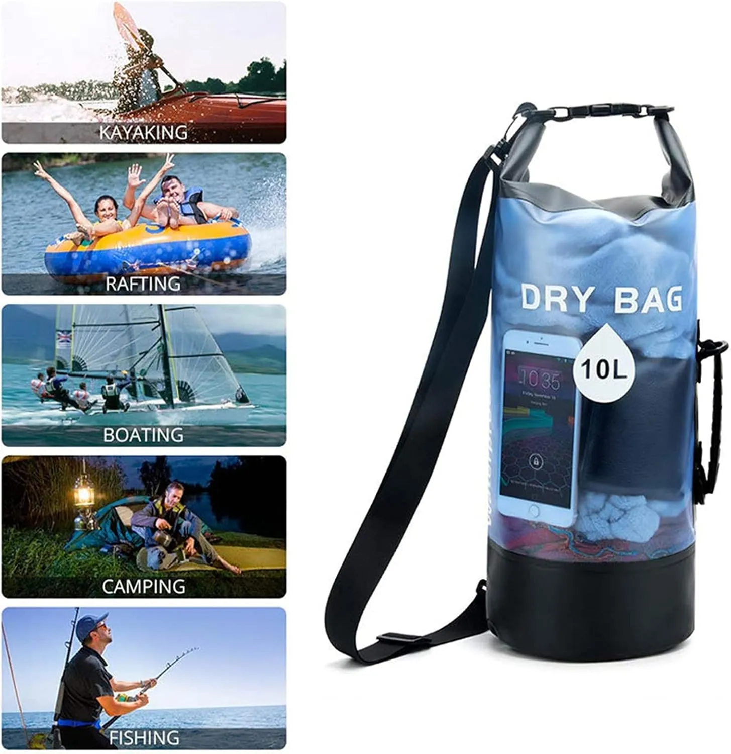 10L/20L Roll Top Dry Compression Sack, Translucency Waterproof Dry Bag, Keep Gear Dry Clean, for Swimming, Kayak, Rafting & Boating (Color : Black, Size : 20l)