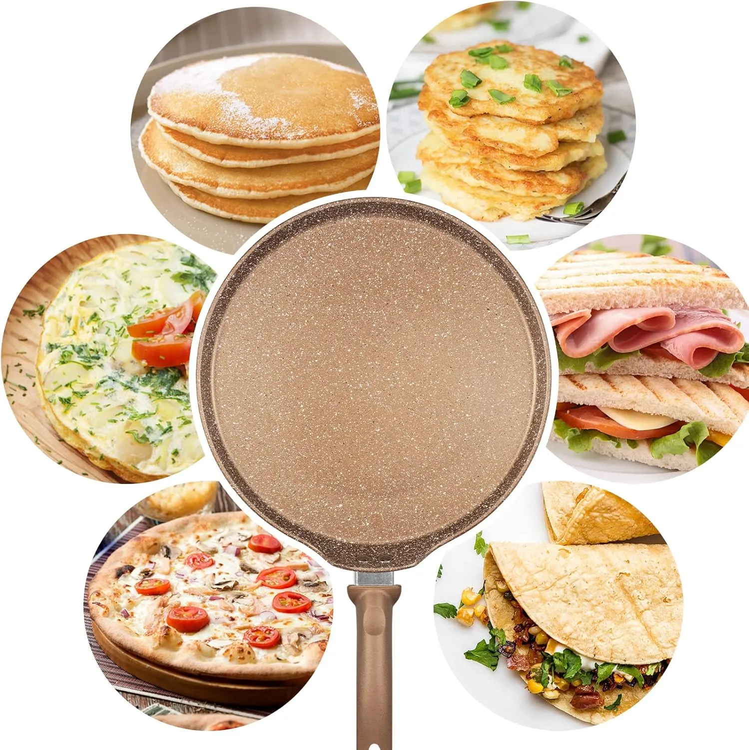 11 inch Nonstick Crepe Pan, Granite Coating Flat Skillet Dosa Tawa Tortilla Pan, Large Pancake Griddle Comal Pan, Compatible with All Stovetops, PFOA Free