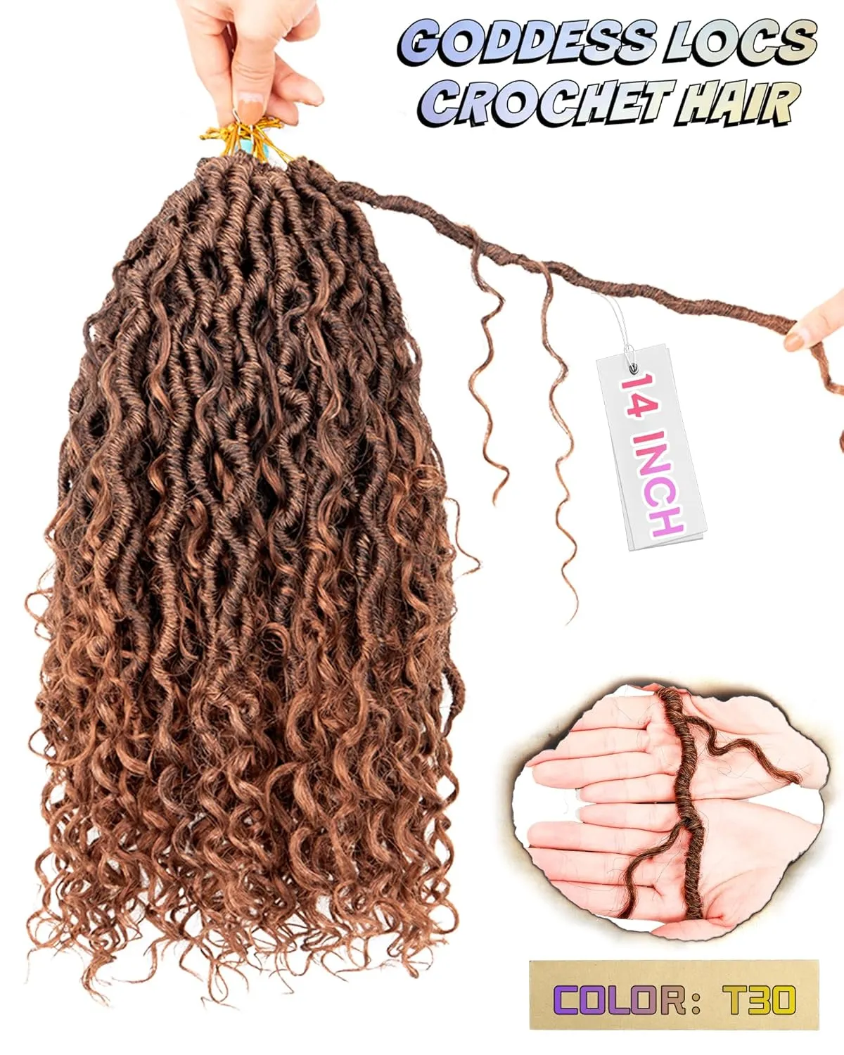 14 Inch 8 Packs Goddess Faux Locs Crochet Hair for Black Women-Ombre Brown,Soft River Locs,Curly Faux Locs With Bohemian Curly Branch,Pre Looped Synthetic Braiding Hair Extensions (14"-8P,T1B/30)