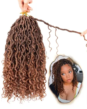 14 Inch 8 Packs Goddess Faux Locs Crochet Hair for Black Women-Ombre Brown,Soft River Locs,Curly Faux Locs With Bohemian Curly Branch,Pre Looped Synthetic Braiding Hair Extensions (14"-8P,T1B/30)