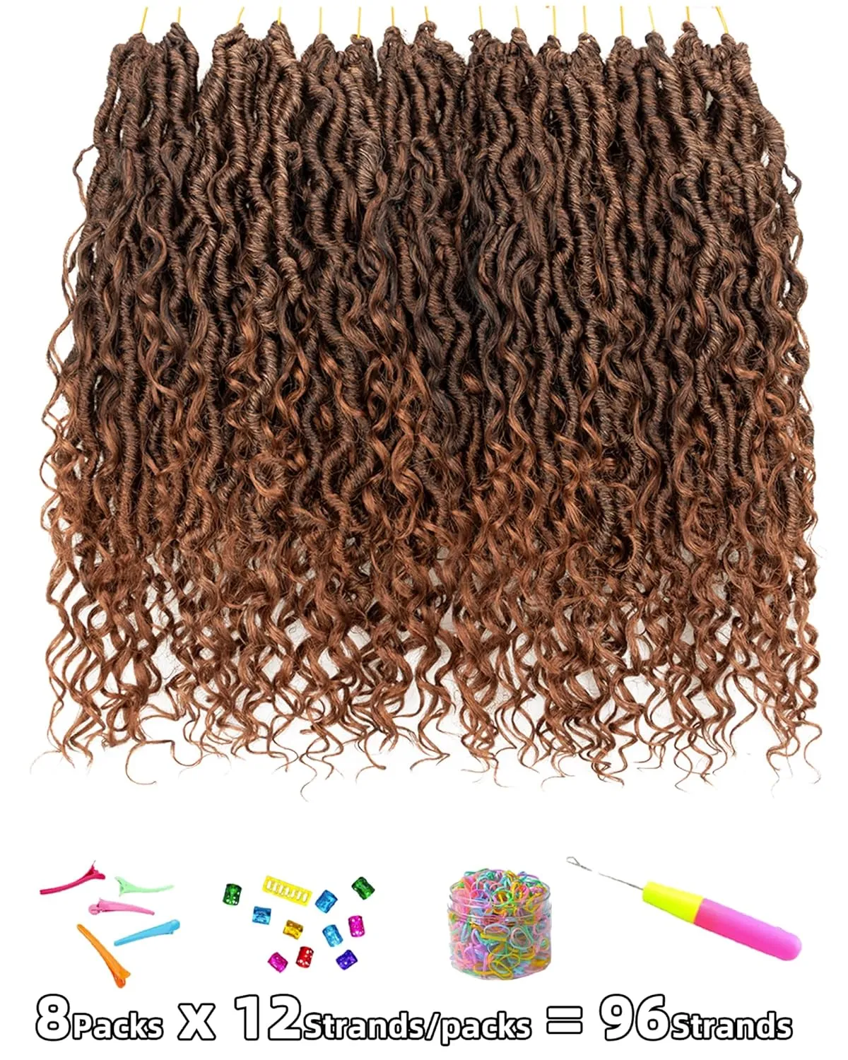 14 Inch 8 Packs Goddess Faux Locs Crochet Hair for Black Women-Ombre Brown,Soft River Locs,Curly Faux Locs With Bohemian Curly Branch,Pre Looped Synthetic Braiding Hair Extensions (14"-8P,T1B/30)