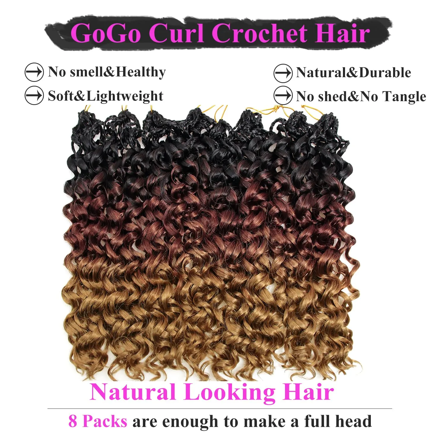 14 Inch Pre Looped Crochet Hair for Black Women - Gogo Curl/Beach Curl/Ocean/Water/Deep Wave Crochet Hair 8 Packs, Synthetic Hair Tangle-Free Natural Look Curly Hair Extensions (1B/30/27)
