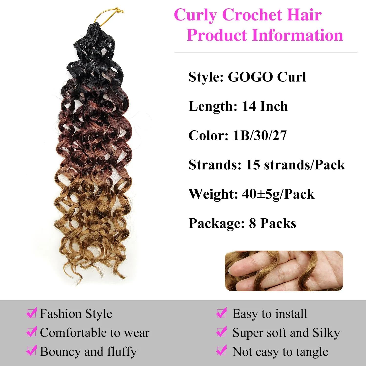 14 Inch Pre Looped Crochet Hair for Black Women - Gogo Curl/Beach Curl/Ocean/Water/Deep Wave Crochet Hair 8 Packs, Synthetic Hair Tangle-Free Natural Look Curly Hair Extensions (1B/30/27)