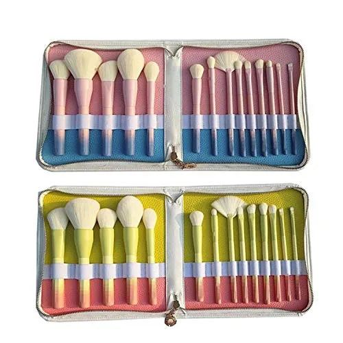 14 Makeup Brushes With Wooden Handle, Brush Set With Imitation Wool Powder Blue Gradient, White PU Bag Beauty Tools (Color : Red, Size : 14 pink blue brush packs)