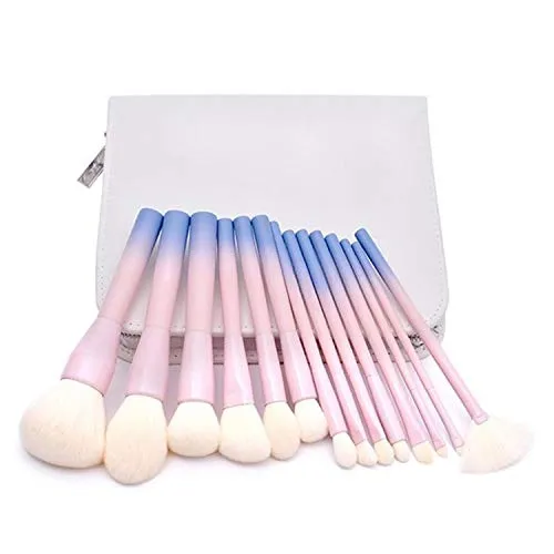 14 Makeup Brushes With Wooden Handle, Brush Set With Imitation Wool Powder Blue Gradient, White PU Bag Beauty Tools (Color : Red, Size : 14 pink blue brush packs)