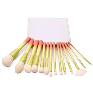 14 Makeup Brushes With Wooden Handle, Brush Set With Imitation Wool Powder Blue Gradient, White PU Bag Beauty Tools (Color : Red, Size : 14 pink blue brush packs)