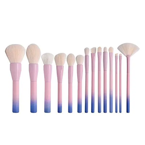 14 Makeup Brushes With Wooden Handle, Brush Set With Imitation Wool Powder Blue Gradient, White PU Bag Beauty Tools (Color : Red, Size : 14 pink blue brush packs)
