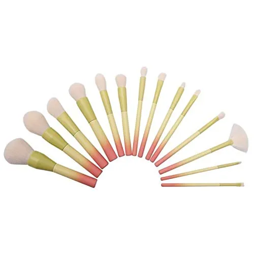 14 Makeup Brushes With Wooden Handle, Brush Set With Imitation Wool Powder Blue Gradient, White PU Bag Beauty Tools (Color : Red, Size : 14 pink blue brush packs)
