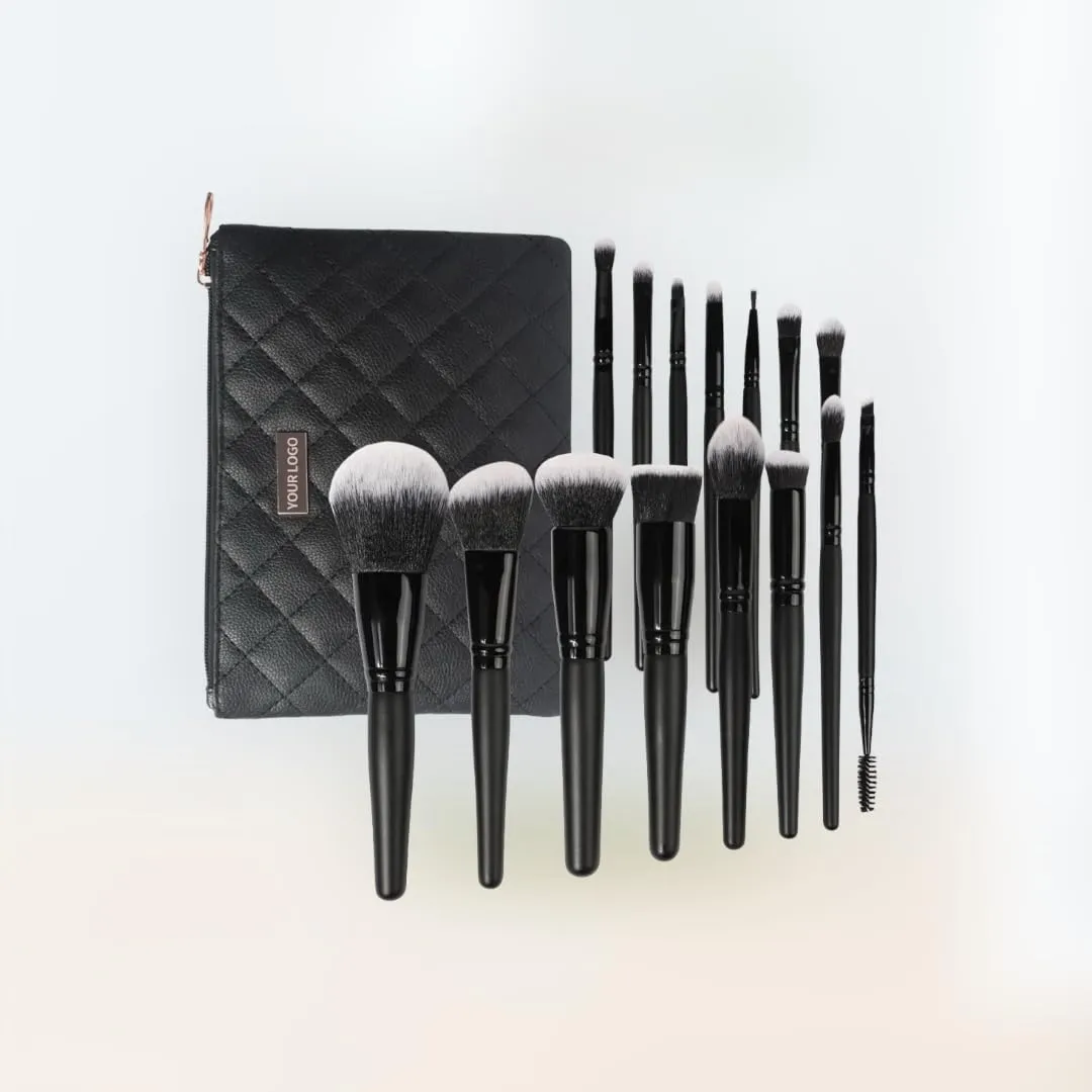 15 Piece Synthetic Vegan Makeup Brush Set with Quilted Bag, Black