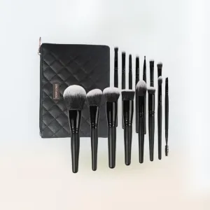15 Piece Synthetic Vegan Makeup Brush Set with Quilted Bag, Black