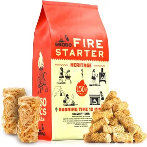 150 pcs Natural Fire Starters for Fireplace, Wood Stove, Charcoal Grill, BBQ, Fire Pit & Smoker – Wood Wool & Wax Rolls – Easy to Light, No Prep, No Mess