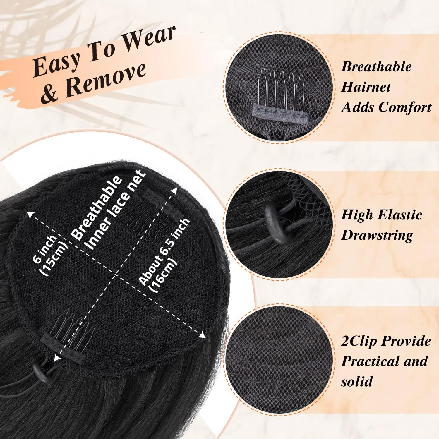 16-Inch Yaki Straight Drawstring Ponytail Extension with Bangs for Black Women - Synthetic Clip-in Hairpiece for Daily Use(T1B/27)