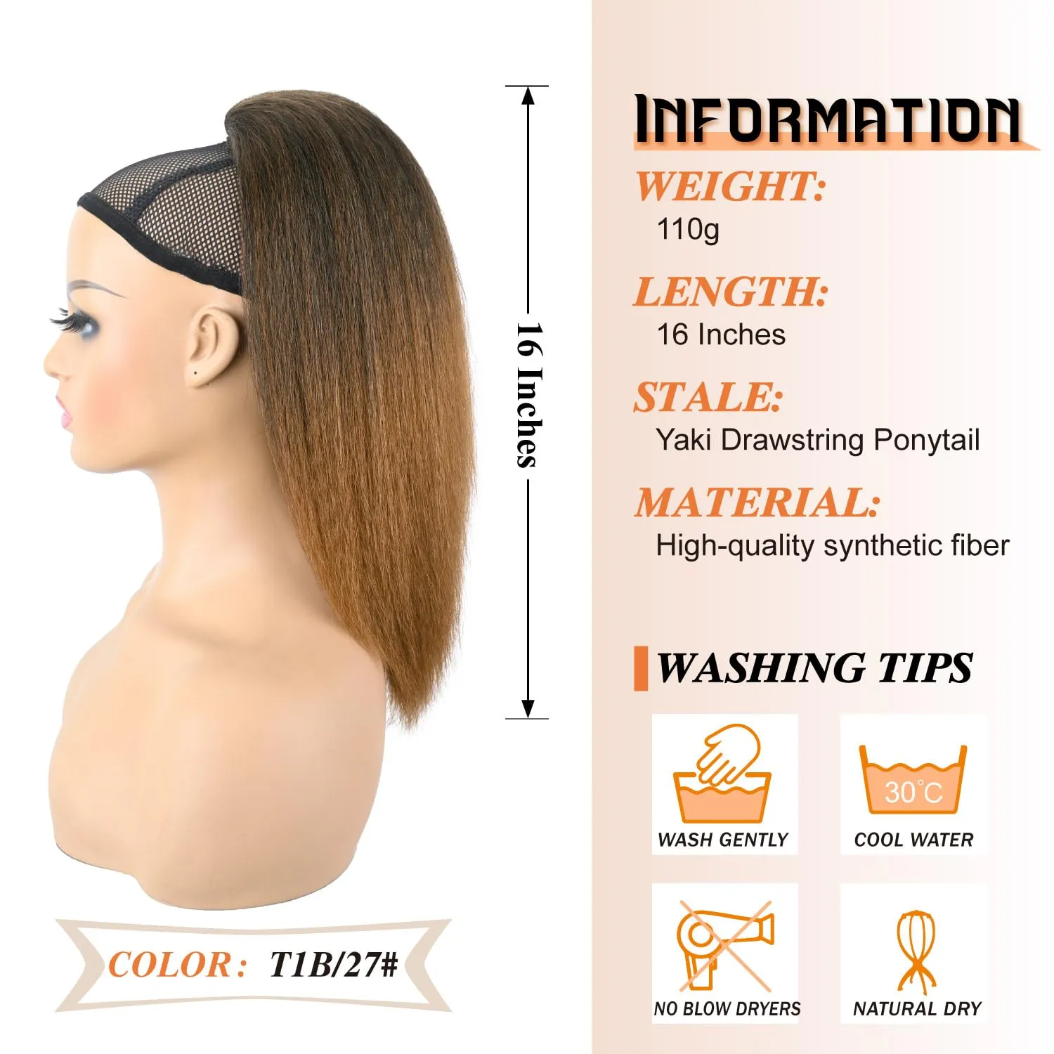 16-Inch Yaki Straight Drawstring Ponytail Extension with Bangs for Black Women - Synthetic Clip-in Hairpiece for Daily Use(T1B/27)