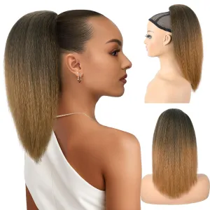 16-Inch Yaki Straight Drawstring Ponytail Extension with Bangs for Black Women - Synthetic Clip-in Hairpiece for Daily Use(T1B/27)