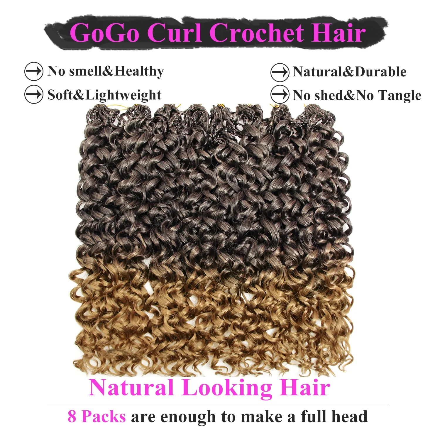 18 Inch Pre Looped Crochet Hair for Black Women - Gogo Curl/Beach Curl/Ocean/Water/Deep Wave Crochet Hair 8 Packs, Synthetic Hair Tangle-Free Natural Look Curly Hair Extensions (1B/27)
