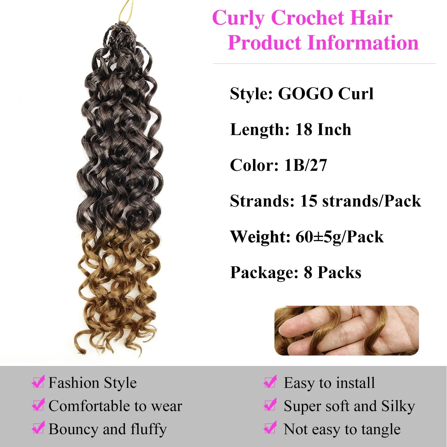 18 Inch Pre Looped Crochet Hair for Black Women - Gogo Curl/Beach Curl/Ocean/Water/Deep Wave Crochet Hair 8 Packs, Synthetic Hair Tangle-Free Natural Look Curly Hair Extensions (1B/27)