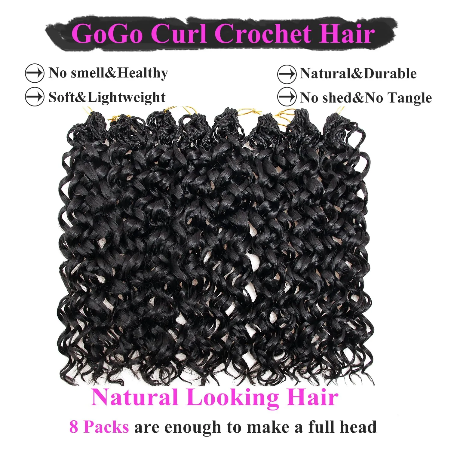18 Inch Pre Looped Crochet Hair for Black Women - Gogo Curl/Beach Curl/Ocean/Water/Deep Wave Crochet Hair 8 Packs, Synthetic Hair Tangle-Free Natural Look Curly Hair Extensions (1B)