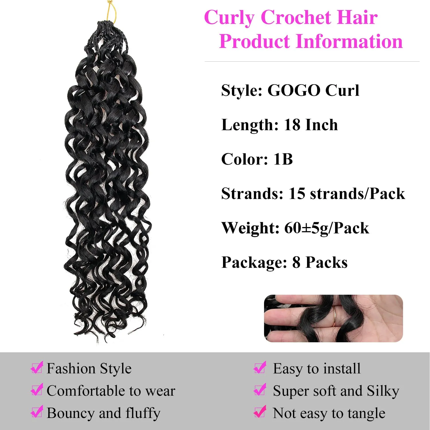 18 Inch Pre Looped Crochet Hair for Black Women - Gogo Curl/Beach Curl/Ocean/Water/Deep Wave Crochet Hair 8 Packs, Synthetic Hair Tangle-Free Natural Look Curly Hair Extensions (1B)