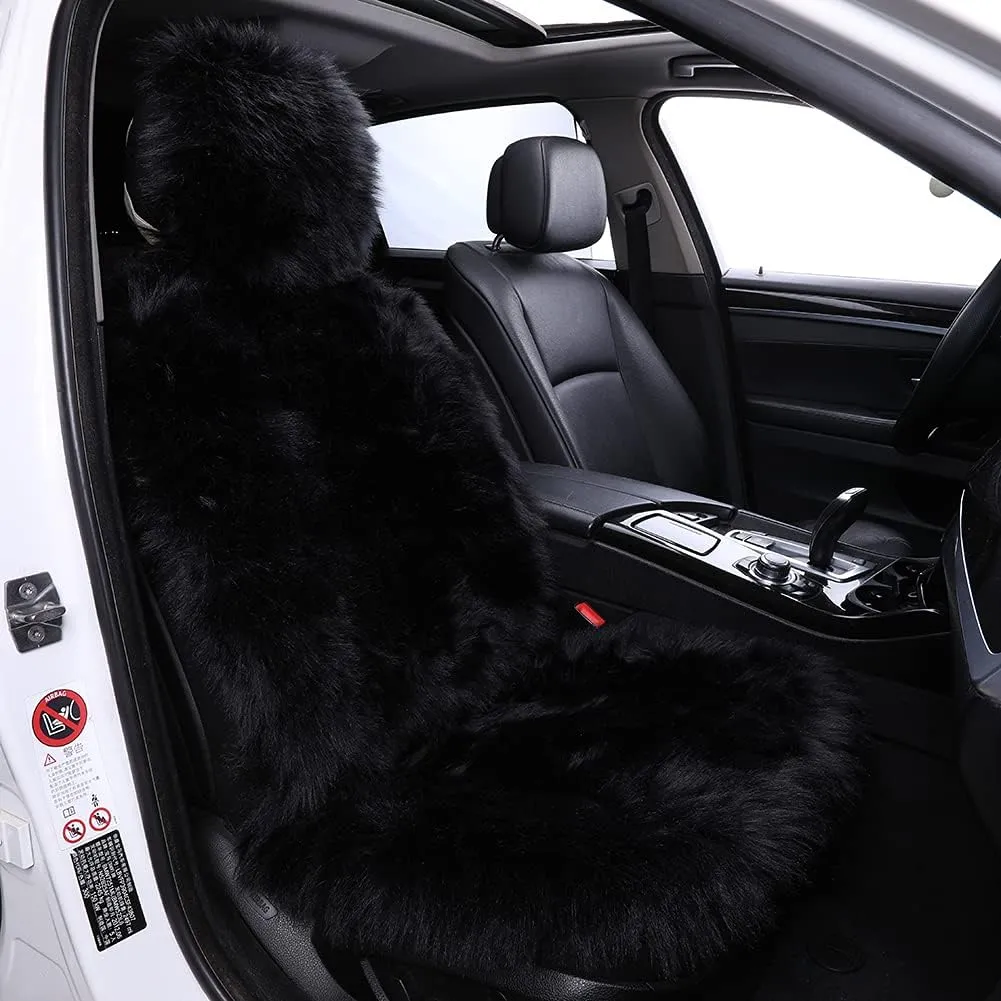 1Pc Faux Sheepskin Wool Fur Car Seat Cover for Cars SUV Trucks Universal Fit, Soft Plush Synthetic Wool Buck Fur Car Seat Cushions by FLMaples(Black)
