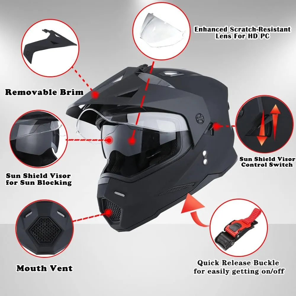 1Storm Dual Sport Motorcycle Motocross Off Road Full Face Helmet Dual Visor: HF802