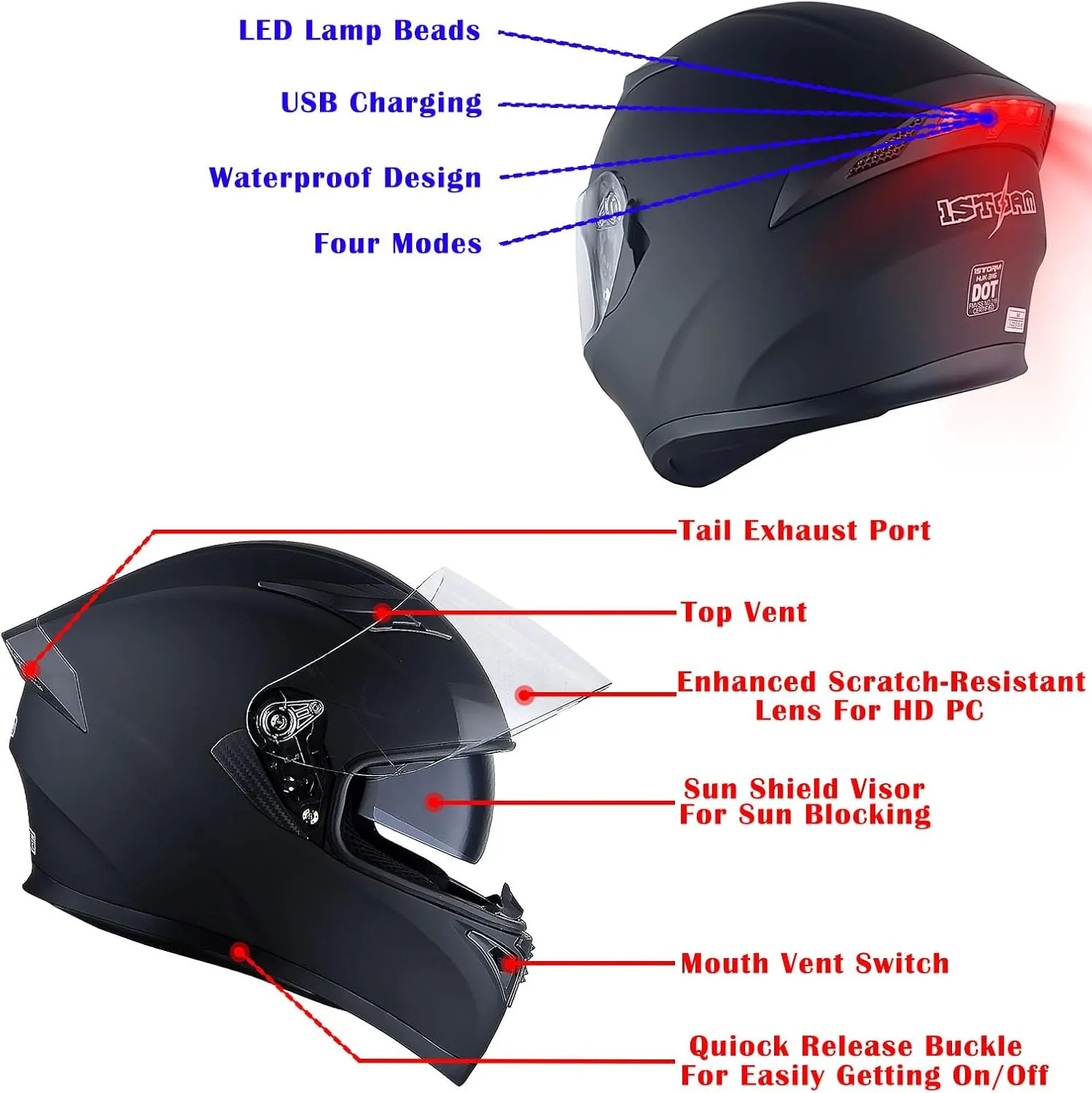 1Storm Motorcycle Street Bike Dual Visor/Sun Visor Full Face Helmet Element Silver Matt Black: HJK316