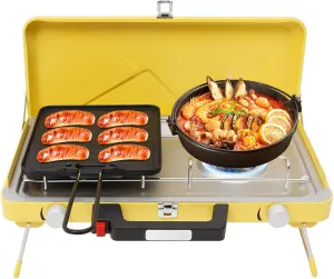2 Burner Portable Camping Stove Propane 7000W Folding Camp Stove for Camping Portable Foldable Cooking Gas Stove with Carrying Bag for Outdoor Cooking,BBQ & Tailgating (Yellow)