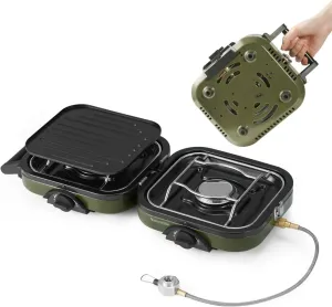 2-in-1 Gas Camping Stove, Folding Frying Pan, Stove with Adjustable Burners, 88.18 Oz, Adjustable Burners & Piezo Ignitio, Perfect for Camping & Hiking
