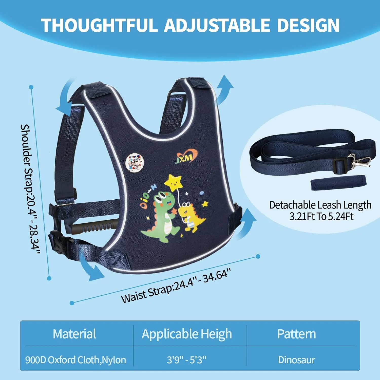 2025 New Safety Harness for Big Kids (6-12yrs) with Autism Special Needs ADHD/ASD, Teens Youth Vest Walking Harness with Grab Handle and Autism Awareness, Adjustable Tether Leash for Older Children