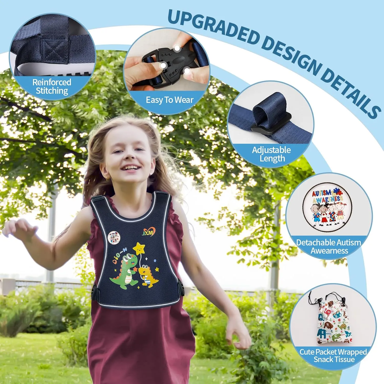 2025 New Safety Harness for Big Kids (6-12yrs) with Autism Special Needs ADHD/ASD, Teens Youth Vest Walking Harness with Grab Handle and Autism Awareness, Adjustable Tether Leash for Older Children