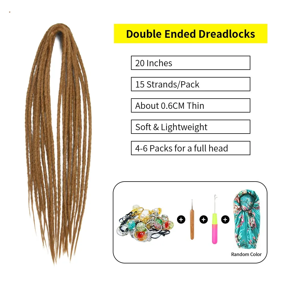 20" Double Ended Dreadlock Extensions 15 Strands Golden Brown DE Soft Synthetic Handmade Braid Dread Extensions
