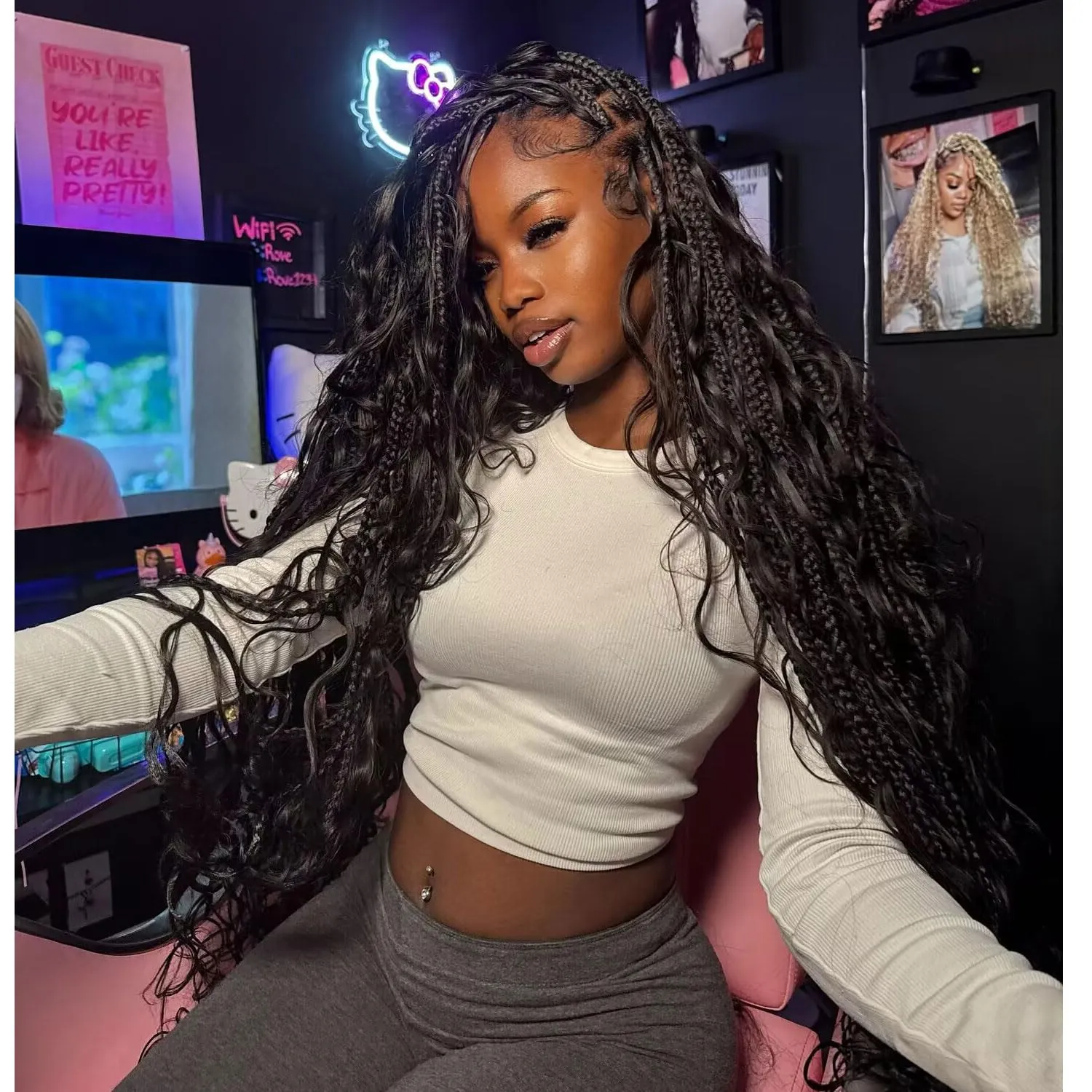 24 Inch Goddess Box Braids Crochet Hair for Black Women 8 Packs Bohomian Crochet Box Braids Pre-looped Boho Box Braids Crochet Braids Synthetic Braiding Hair Extension 1B