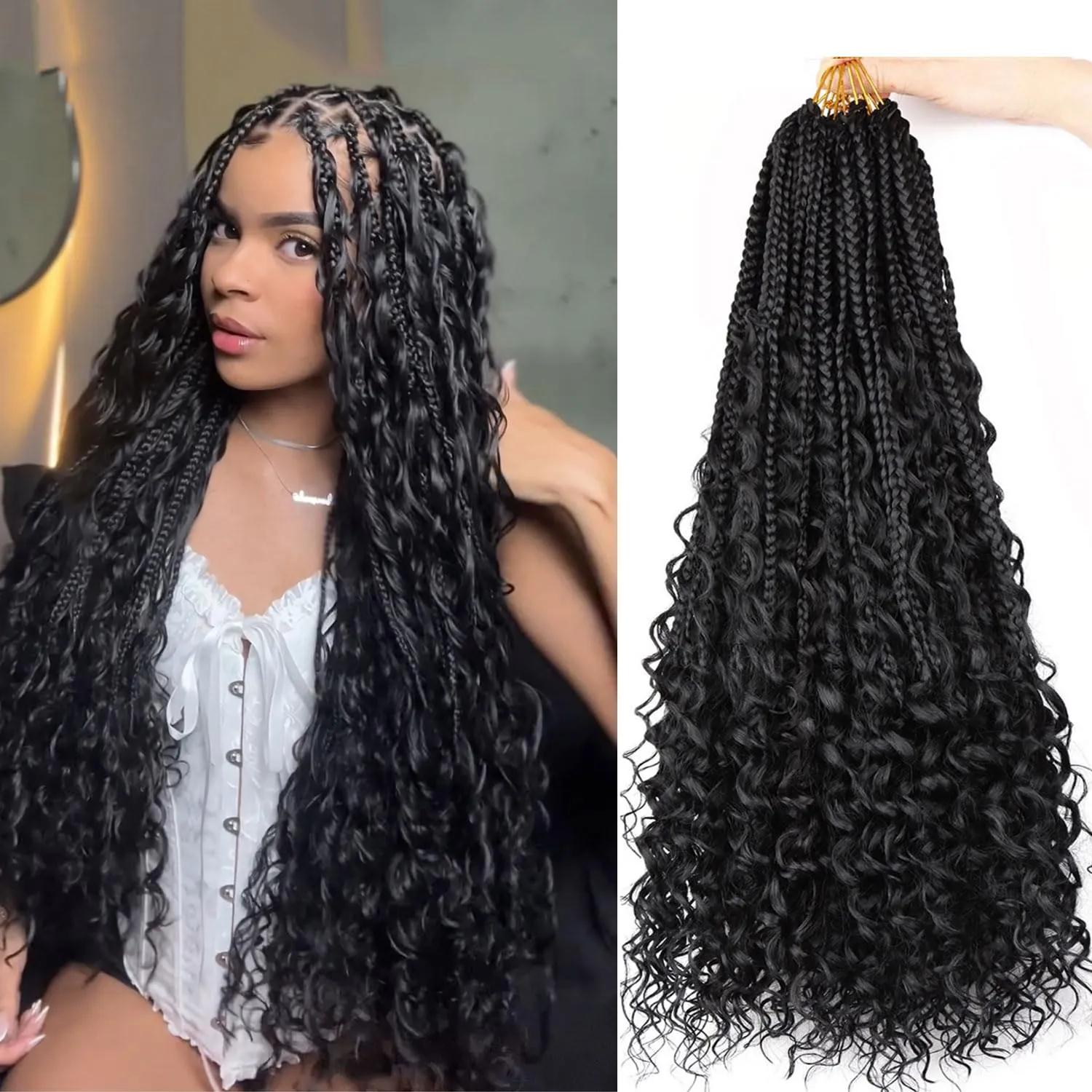 24 Inch Goddess Box Braids Crochet Hair for Black Women 8 Packs Bohomian Crochet Box Braids Pre-looped Boho Box Braids Crochet Braids Synthetic Braiding Hair Extension 1B