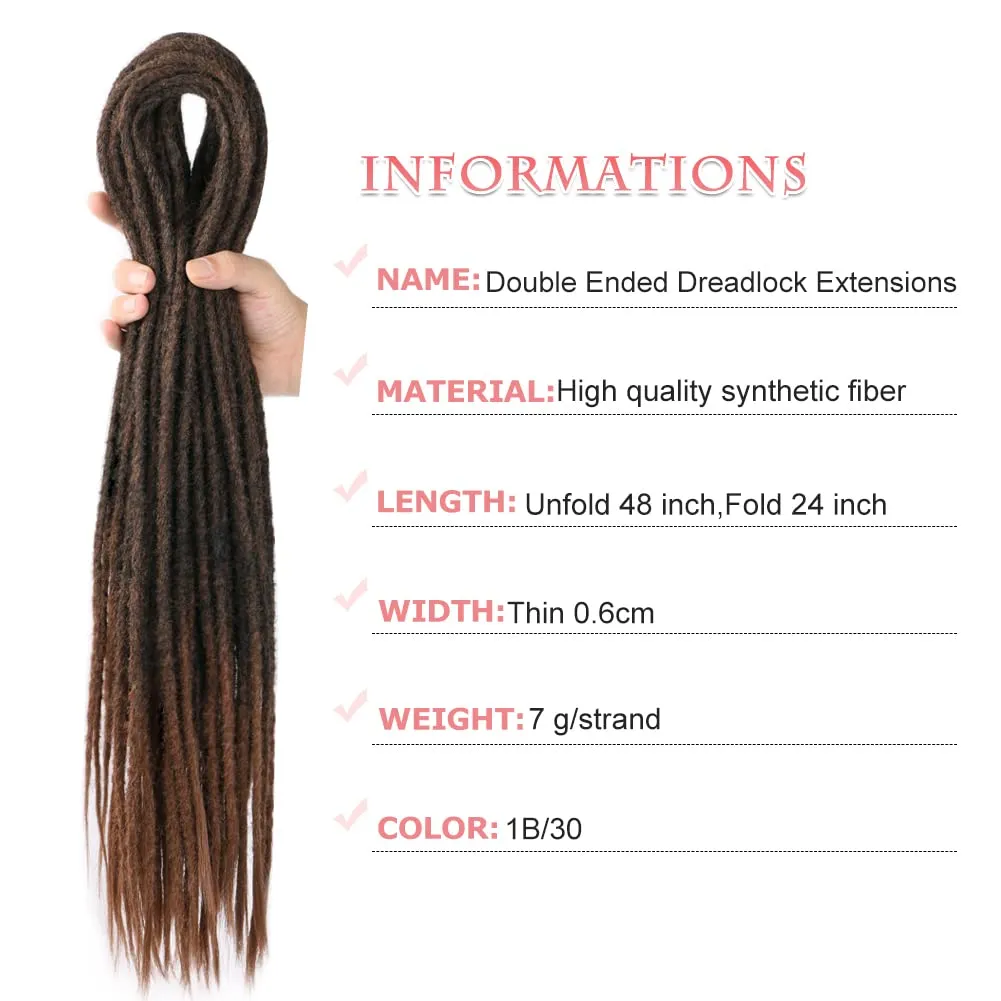 24 Inch Straight Double Ended Dreadlock Extensions Synthetic Dreads 10strands/pack Synthetic Braids Thin 0.6cm Soft Hip-Hop Style Dread Extensions Locks Hair(Straight（10 Strands）, 1B/30)