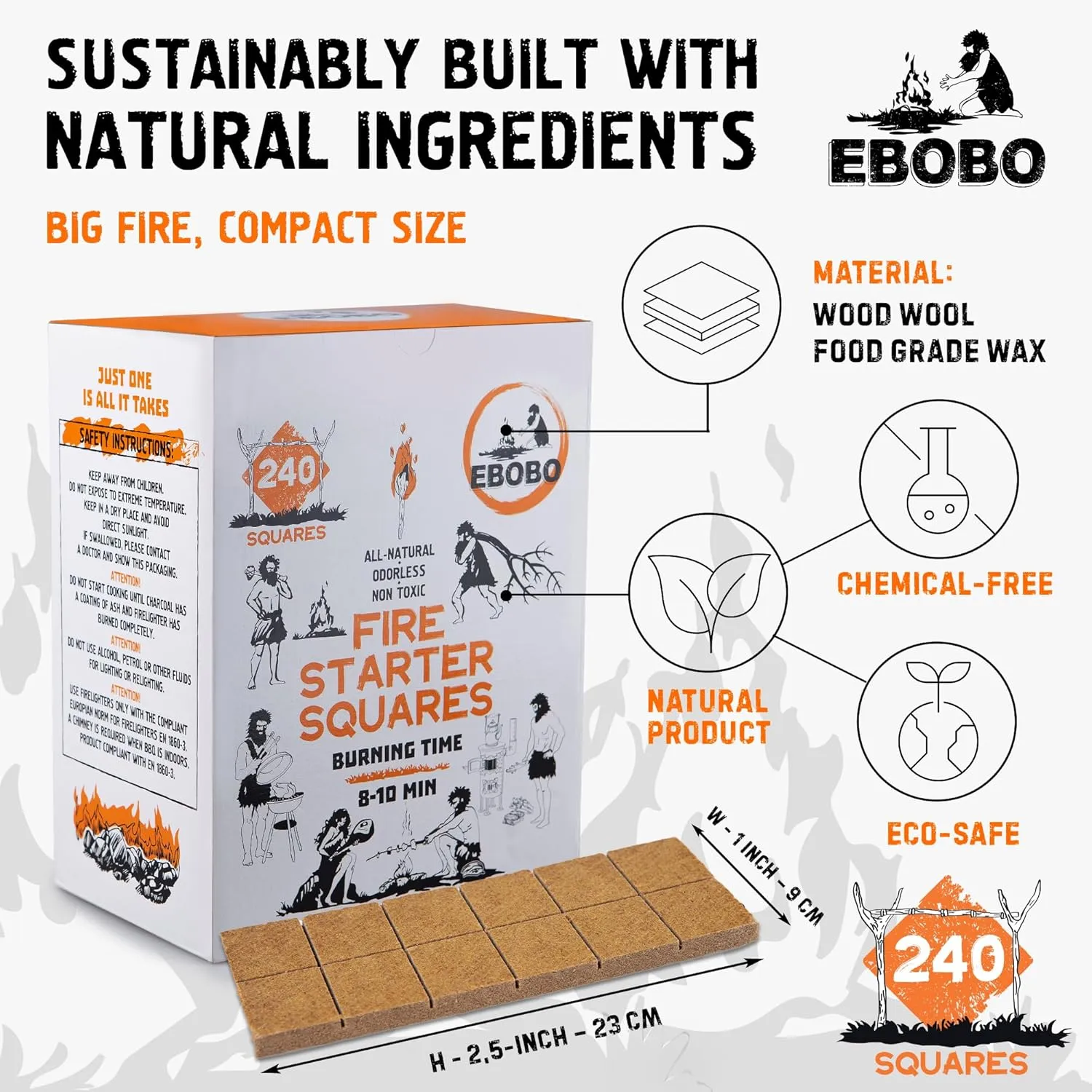 240 pcs Fire Starter Cubes for Fireplace, Wood Stove, Charcoal Grill, BBQ, Fire Pit & Smoker – Wax-Based, Odor-Free, Lights Fast – No Prep, No Mess