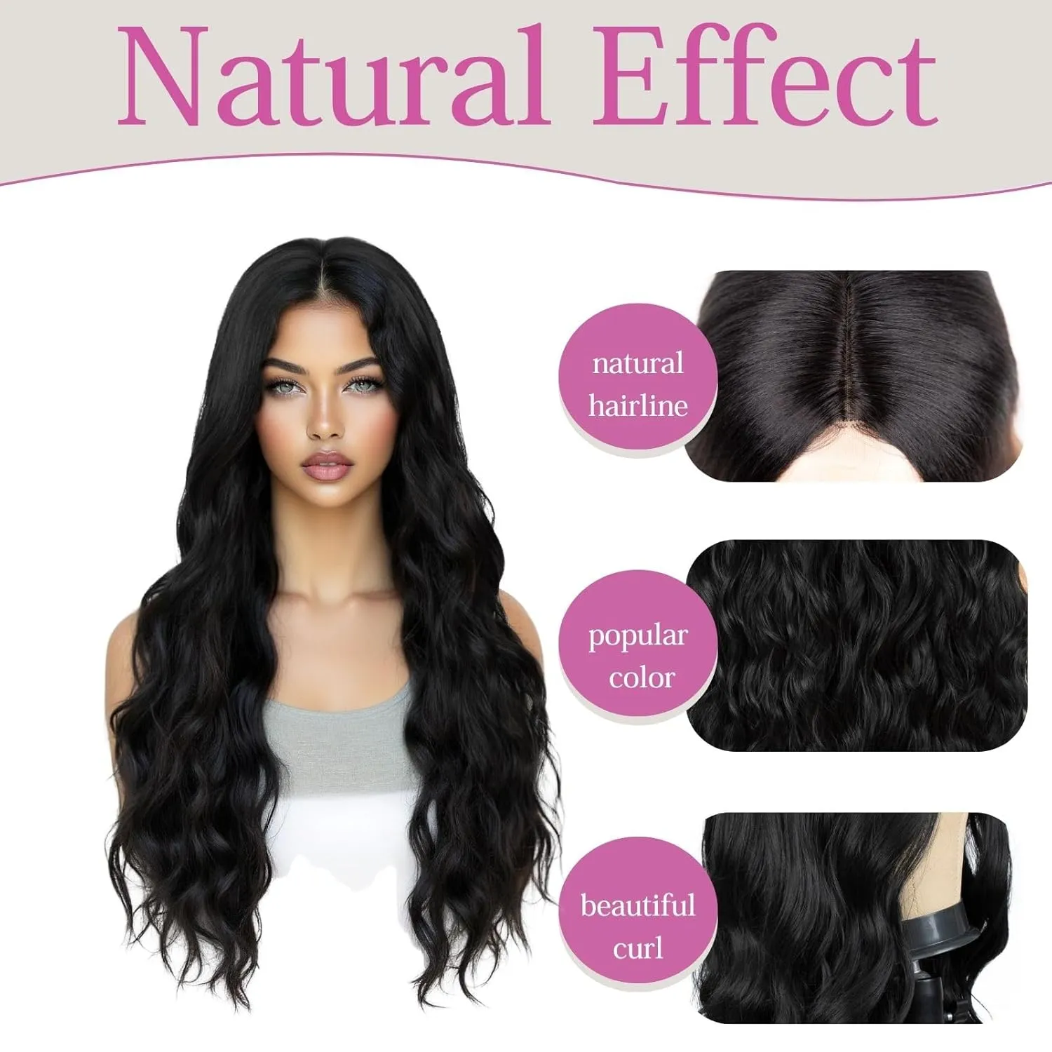 26 inch Lace Hairline Long Black Wigs for Women, Middle Part Long Curly Wig Heat Resistant Synthetic Hair Looking Natural, Fiber Wig for Daily Party Use