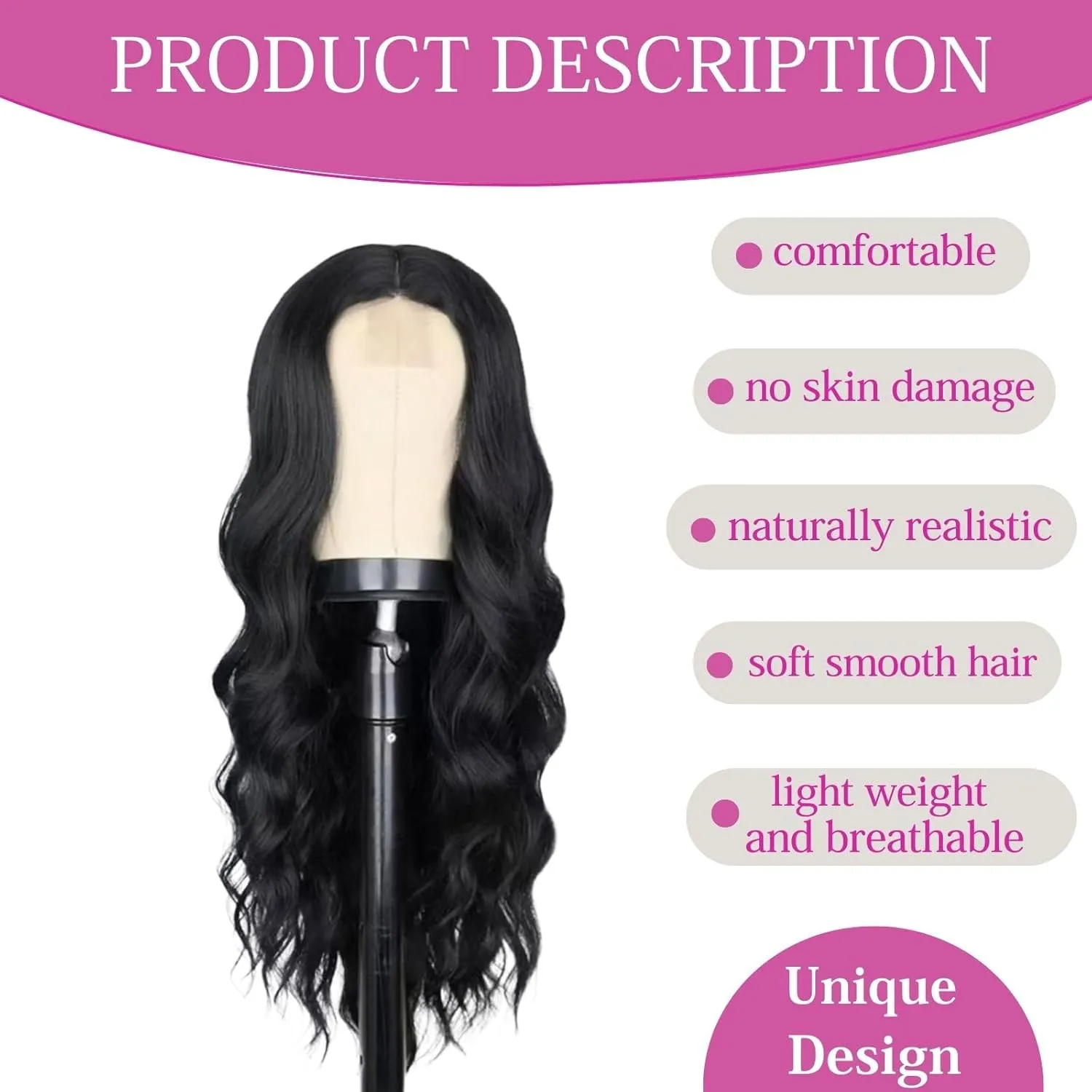 26 inch Lace Hairline Long Black Wigs for Women, Middle Part Long Curly Wig Heat Resistant Synthetic Hair Looking Natural, Fiber Wig for Daily Party Use