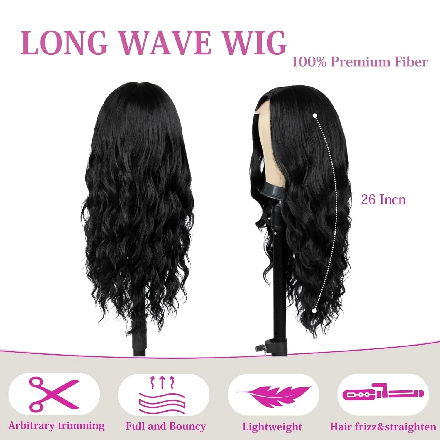 26 inch Lace Hairline Long Black Wigs for Women, Middle Part Long Curly Wig Heat Resistant Synthetic Hair Looking Natural, Fiber Wig for Daily Party Use