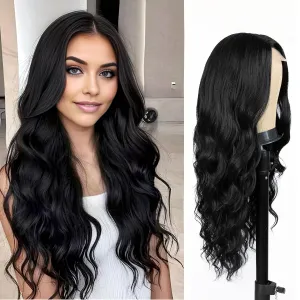 26 inch Lace Hairline Long Black Wigs for Women, Middle Part Long Curly Wig Heat Resistant Synthetic Hair Looking Natural, Fiber Wig for Daily Party Use