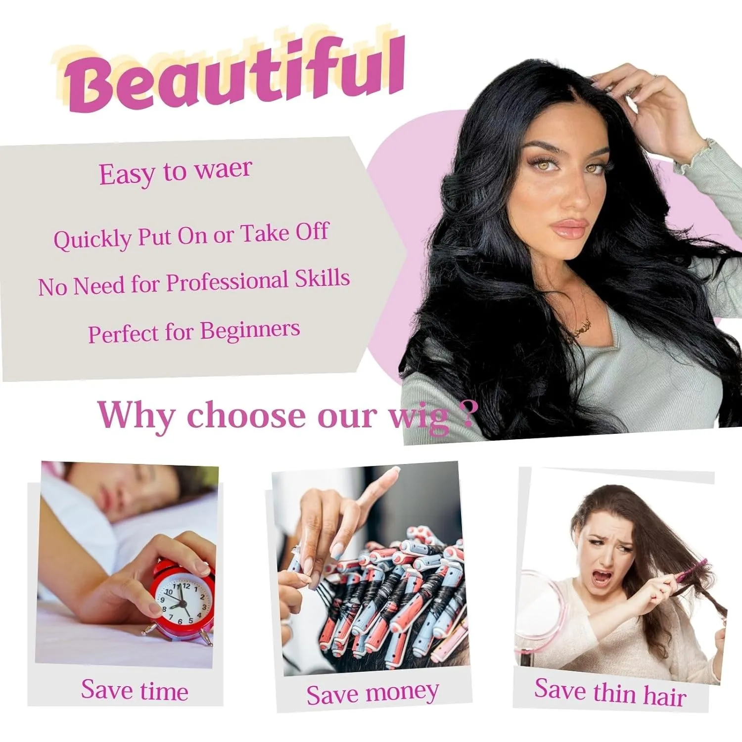 26 inch Lace Hairline Long Black Wigs for Women, Middle Part Long Curly Wig Heat Resistant Synthetic Hair Looking Natural, Fiber Wig for Daily Party Use