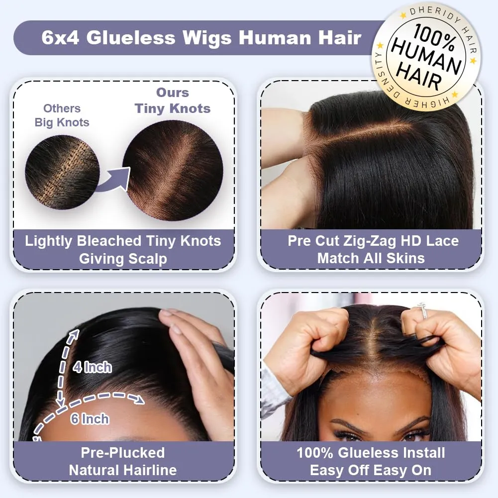 28 Inch 210% Density 6x4 Wear and Go Glueless Wigs Human Hair Pre Plucked Pre Cut 230g Straight Glueless 100% Human Hair Wigs for Black Women Tiny Knots HD Lace Closure Wigs Middle Part