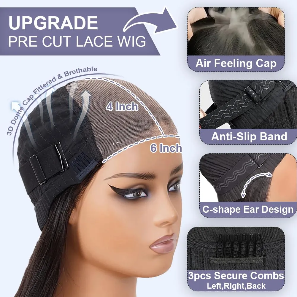 28 Inch 210% Density 6x4 Wear and Go Glueless Wigs Human Hair Pre Plucked Pre Cut 230g Straight Glueless 100% Human Hair Wigs for Black Women Tiny Knots HD Lace Closure Wigs Middle Part