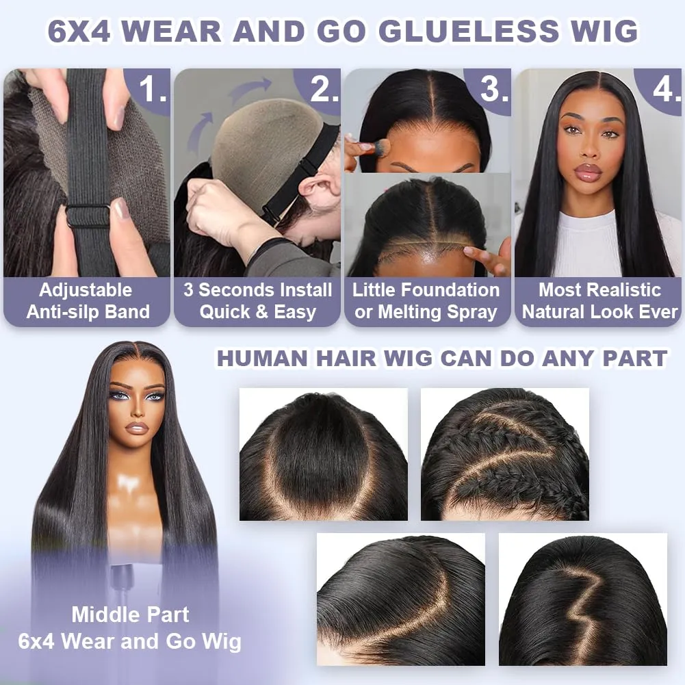 28 Inch 210% Density 6x4 Wear and Go Glueless Wigs Human Hair Pre Plucked Pre Cut 230g Straight Glueless 100% Human Hair Wigs for Black Women Tiny Knots HD Lace Closure Wigs Middle Part