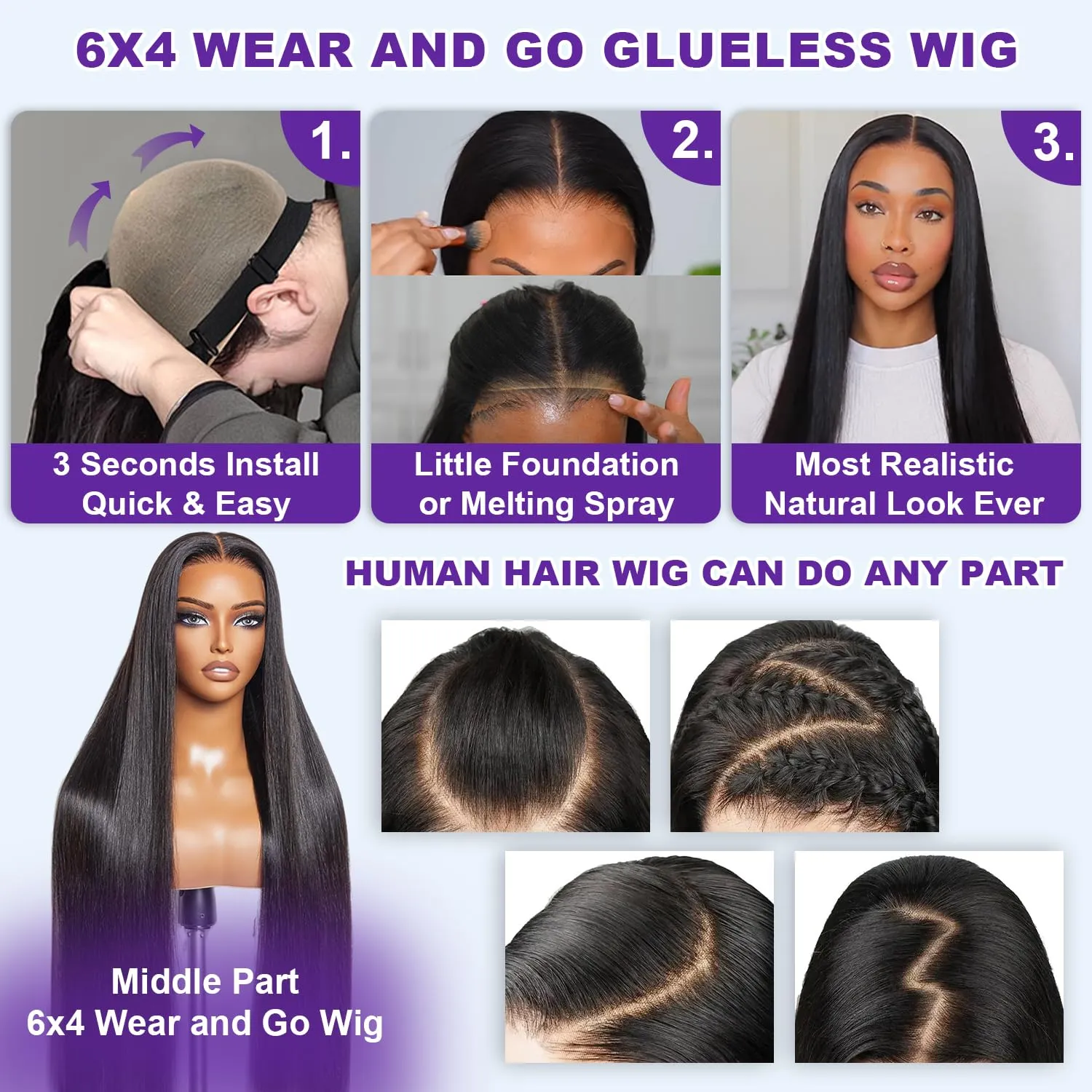 28 Inch 250% Density 6x4 Wear and Go Glueless Wigs Human Hair Pre Plucked Pre Cut 260g Skinlike HD Straight Glueless Lace Closure 100% Human Hair Wigs for Black Women Small Knots Middle Part